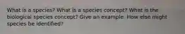 What is a species? What is a species concept? What is the biological species concept? Give an example. How else might species be identified?