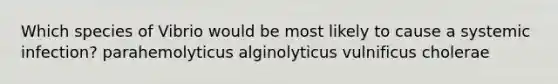 Which species of Vibrio would be most likely to cause a systemic infection? parahemolyticus alginolyticus vulnificus cholerae