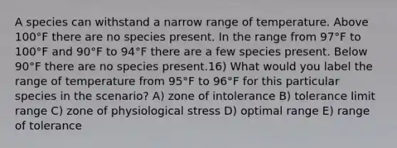 A species can withstand a narrow range of temperature. Above 100°F there are no species present. In the range from 97°F to 100°F and 90°F to 94°F there are a few species present. Below 90°F there are no species present.16) What would you label the range of temperature from 95°F to 96°F for this particular species in the scenario? A) zone of intolerance B) tolerance limit range C) zone of physiological stress D) optimal range E) range of tolerance