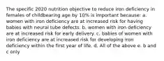 The specific 2020 nutrition objective to reduce iron deficiency in females of childbearing age by 10% is important because: a. women with iron deficiency are at increased risk for having babies with neural tube defects. b. women with iron deficiency are at increased risk for early delivery. c. babies of women with iron deficiency are at increased risk for developing iron deficiency within the first year of life. d. All of the above e. b and c only