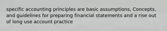 specific accounting principles are basic assumptions, Concepts, and guidelines for preparing financial statements and a rise out of long use account practice