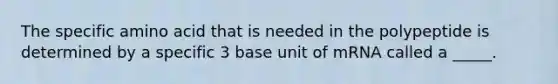 The specific amino acid that is needed in the polypeptide is determined by a specific 3 base unit of mRNA called a _____.