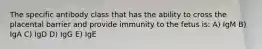 The specific antibody class that has the ability to cross the placental barrier and provide immunity to the fetus is: A) IgM B) IgA C) IgD D) IgG E) IgE