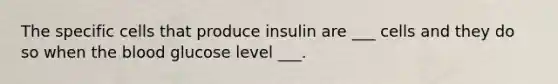 The specific cells that produce insulin are ___ cells and they do so when the blood glucose level ___.