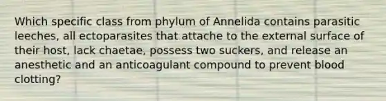 Which specific class from phylum of Annelida contains parasitic leeches, all ectoparasites that attache to the external surface of their host, lack chaetae, possess two suckers, and release an anesthetic and an anticoagulant compound to prevent blood clotting?