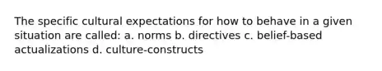 The specific cultural expectations for how to behave in a given situation are called: a. norms b. directives c. belief-based actualizations d. culture-constructs