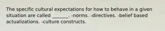 The specific cultural expectations for how to behave in a given situation are called _______. -norms. -directives. -belief based actualizations. -culture constructs.