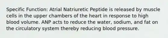 Specific Function: Atrial Natriuretic Peptide is released by muscle cells in the upper chambers of the heart in response to high blood volume. ANP acts to reduce the water, sodium, and fat on the circulatory system thereby reducing blood pressure.