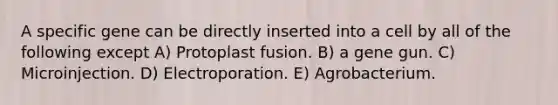 A specific gene can be directly inserted into a cell by all of the following except A) Protoplast fusion. B) a gene gun. C) Microinjection. D) Electroporation. E) Agrobacterium.