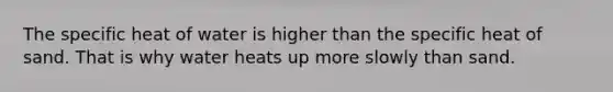 The specific heat of water is higher than the specific heat of sand. That is why water heats up more slowly than sand.