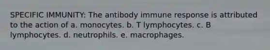 SPECIFIC IMMUNITY: The antibody immune response is attributed to the action of a. monocytes. b. T lymphocytes. c. B lymphocytes. d. neutrophils. e. macrophages.