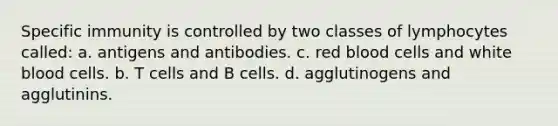 Specific immunity is controlled by two classes of lymphocytes called: a. antigens and antibodies. c. red blood cells and white blood cells. b. T cells and B cells. d. agglutinogens and agglutinins.