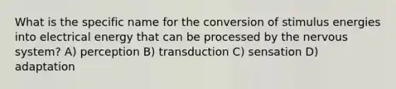 What is the specific name for the conversion of stimulus energies into electrical energy that can be processed by the nervous system? A) perception B) transduction C) sensation D) adaptation