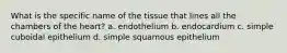 What is the specific name of the tissue that lines all the chambers of the heart? a. endothelium b. endocardium c. simple cuboidal epithelium d. simple squamous epithelium