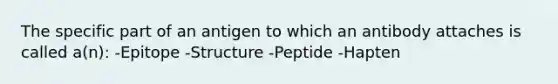 The specific part of an antigen to which an antibody attaches is called a(n): -Epitope -Structure -Peptide -Hapten