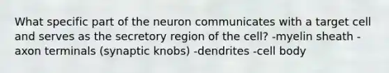 What specific part of the neuron communicates with a target cell and serves as the secretory region of the cell? -myelin sheath -axon terminals (synaptic knobs) -dendrites -cell body