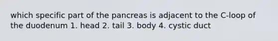 which specific part of the pancreas is adjacent to the C-loop of the duodenum 1. head 2. tail 3. body 4. cystic duct