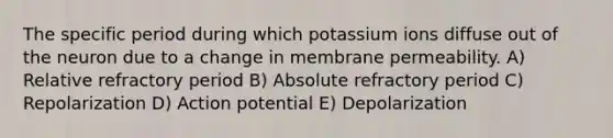 The specific period during which potassium ions diffuse out of the neuron due to a change in membrane permeability. A) Relative refractory period B) Absolute refractory period C) Repolarization D) Action potential E) Depolarization