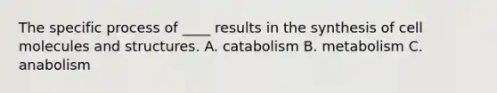 The specific process of ____ results in the synthesis of cell molecules and structures. A. catabolism B. metabolism C. anabolism