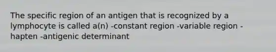 The specific region of an antigen that is recognized by a lymphocyte is called a(n) -constant region -variable region -hapten -antigenic determinant