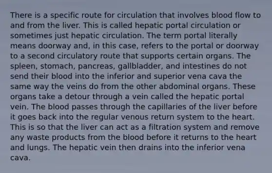 There is a specific route for circulation that involves blood flow to and from the liver. This is called hepatic portal circulation or sometimes just hepatic circulation. The term portal literally means doorway and, in this case, refers to the portal or doorway to a second circulatory route that supports certain organs. The spleen, stomach, pancreas, gallbladder, and intestines do not send their blood into the inferior and superior vena cava the same way the veins do from the other abdominal organs. These organs take a detour through a vein called the hepatic portal vein. The blood passes through the capillaries of the liver before it goes back into the regular venous return system to the heart. This is so that the liver can act as a filtration system and remove any waste products from the blood before it returns to the heart and lungs. The hepatic vein then drains into the inferior vena cava.