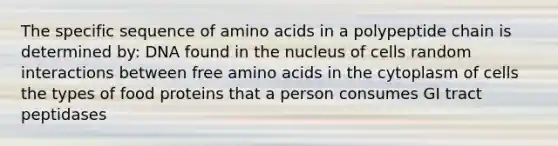 The specific sequence of amino acids in a polypeptide chain is determined by: DNA found in the nucleus of cells random interactions between free amino acids in the cytoplasm of cells the types of food proteins that a person consumes GI tract peptidases