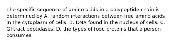 The specific sequence of amino acids in a polypeptide chain is determined by A. random interactions between free amino acids in the cytoplasm of cells. B. DNA found in the nucleus of cells. C. GI tract peptidases. D. the types of food proteins that a person consumes.