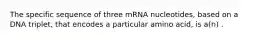 The specific sequence of three mRNA nucleotides, based on a DNA triplet, that encodes a particular amino acid, is a(n) .