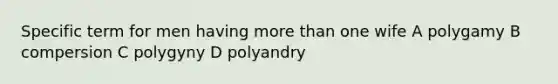 Specific term for men having <a href='https://www.questionai.com/knowledge/keWHlEPx42-more-than' class='anchor-knowledge'>more than</a> one wife A polygamy B compersion C polygyny D polyandry