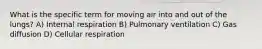 What is the specific term for moving air into and out of the lungs? A) Internal respiration B) Pulmonary ventilation C) Gas diffusion D) Cellular respiration