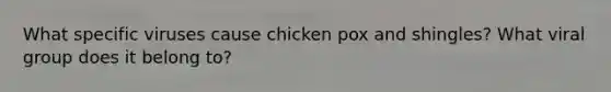 What specific viruses cause chicken pox and shingles? What viral group does it belong to?