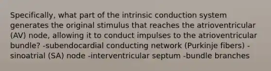 Specifically, what part of the intrinsic conduction system generates the original stimulus that reaches the atrioventricular (AV) node, allowing it to conduct impulses to the atrioventricular bundle? -subendocardial conducting network (Purkinje fibers) -sinoatrial (SA) node -interventricular septum -bundle branches