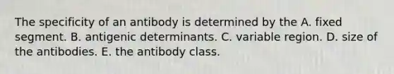 The specificity of an antibody is determined by the A. fixed segment. B. antigenic determinants. C. variable region. D. size of the antibodies. E. the antibody class.