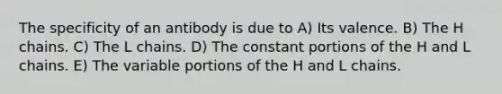 The specificity of an antibody is due to A) Its valence. B) The H chains. C) The L chains. D) The constant portions of the H and L chains. E) The variable portions of the H and L chains.