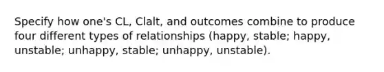 Specify how one's CL, Clalt, and outcomes combine to produce four different types of relationships (happy, stable; happy, unstable; unhappy, stable; unhappy, unstable).