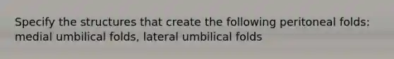 Specify the structures that create the following peritoneal folds: medial umbilical folds, lateral umbilical folds