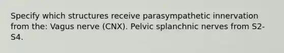 Specify which structures receive parasympathetic innervation from the: Vagus nerve (CNX). Pelvic splanchnic nerves from S2-S4.