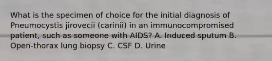 What is the specimen of choice for the initial diagnosis of Pneumocystis jirovecii (carinii) in an immunocompromised patient, such as someone with AIDS? A. Induced sputum B. Open-thorax lung biopsy C. CSF D. Urine