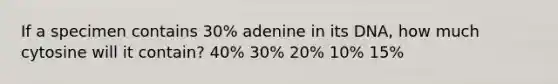 If a specimen contains 30% adenine in its DNA, how much cytosine will it contain? 40% 30% 20% 10% 15%