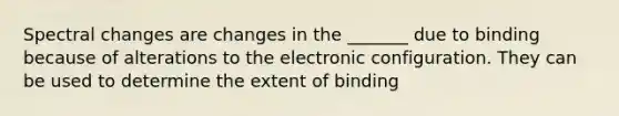 Spectral changes are changes in the _______ due to binding because of alterations to the electronic configuration. They can be used to determine the extent of binding