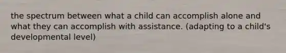 the spectrum between what a child can accomplish alone and what they can accomplish with assistance. (adapting to a child's developmental level)