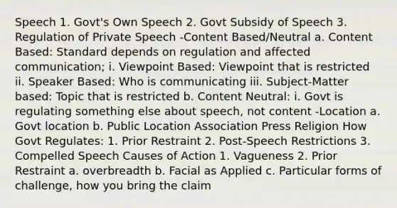 Speech 1. Govt's Own Speech 2. Govt Subsidy of Speech 3. Regulation of Private Speech -Content Based/Neutral a. Content Based: Standard depends on regulation and affected communication; i. Viewpoint Based: Viewpoint that is restricted ii. Speaker Based: Who is communicating iii. Subject-Matter based: Topic that is restricted b. Content Neutral: i. Govt is regulating something else about speech, not content -Location a. Govt location b. Public Location Association Press Religion How Govt Regulates: 1. Prior Restraint 2. Post-Speech Restrictions 3. Compelled Speech Causes of Action 1. Vagueness 2. Prior Restraint a. overbreadth b. Facial as Applied c. Particular forms of challenge, how you bring the claim