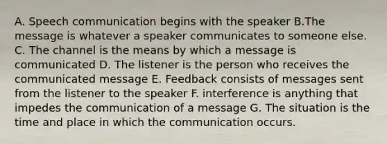 A. Speech communication begins with the speaker B.The message is whatever a speaker communicates to someone else. C. The channel is the means by which a message is communicated D. The listener is the person who receives the communicated message E. Feedback consists of messages sent from the listener to the speaker F. interference is anything that impedes the communication of a message G. The situation is the time and place in which the communication occurs.