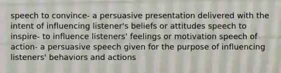 speech to convince- a persuasive presentation delivered with the intent of influencing listener's beliefs or attitudes speech to inspire- to influence listeners' feelings or motivation speech of action- a persuasive speech given for the purpose of influencing listeners' behaviors and actions