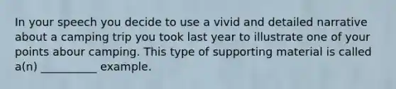 In your speech you decide to use a vivid and detailed narrative about a camping trip you took last year to illustrate one of your points abour camping. This type of supporting material is called a(n) __________ example.