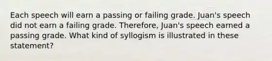 Each speech will earn a passing or failing grade. Juan's speech did not earn a failing grade. Therefore, Juan's speech earned a passing grade. What kind of syllogism is illustrated in these statement?