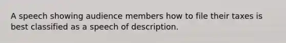 A speech showing audience members how to file their taxes is best classified as a speech of description.