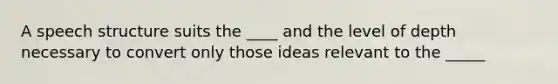 A speech structure suits the ____ and the level of depth necessary to convert only those ideas relevant to the _____