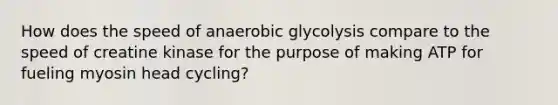 How does the speed of anaerobic glycolysis compare to the speed of creatine kinase for the purpose of making ATP for fueling myosin head cycling?