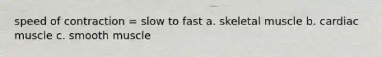 speed of contraction = slow to fast a. skeletal muscle b. cardiac muscle c. smooth muscle